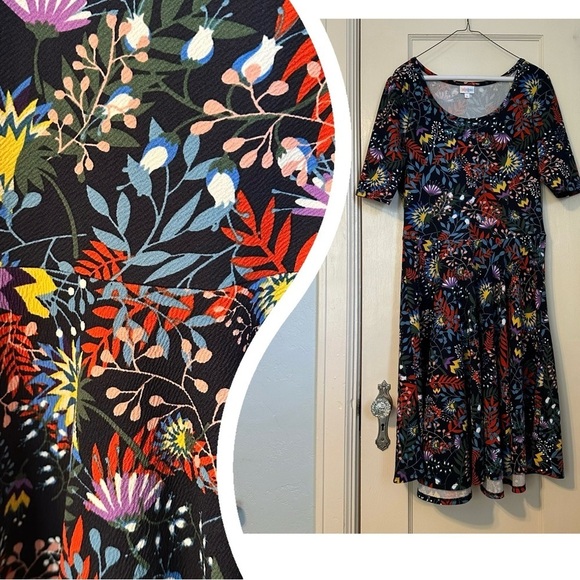 LulaRoe Dress Nicole Dark Floral Multicolor Fit & Flare 3/4 Sleeve Size XL - Picture 1 of 13